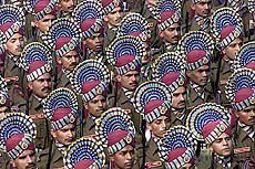Soldiers march during a rehearsal for the Republic Day parade