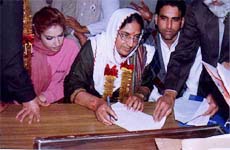 Ms Rajinder Kaur Bhattal, former Punjab Chief Minister, filing her nomination papers for the Lehra Assembly constituency as a Congress candidate. 