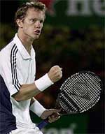 Sweden's Thomas Johansson reacts during his win over Jiri Novak