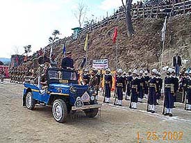 Chief Minister Prem Kumar Dhumal inspecting a parade on the occasion of the 32nd Statehood Day of Himachal Pradesh 