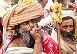 A sadhu smokes during a rally