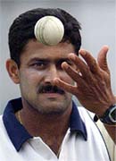 India's spinner Anil Kumble tosses the ball 