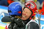 Norway's Andrine Flemmen smiles as she hugs compatriot Stina Nilsen