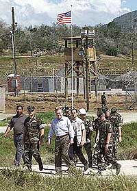 US Secretary of Defense Donald Rumsfeld tours Camp X-Ray on Sunday.