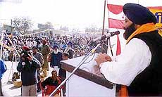 Mr Sukhbir Singh Badal, SAD general secretary, addresses a rally at Lehra Mohabbat