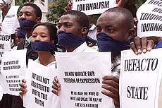 Zimbabwean journalists from the independent and foreign Press protest outside Parliament in Harare 