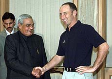 England cricket team captain Nasser Hussain shakes hand with Indian Prime Minister Atal Behari Vajpayee