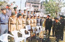 NCC cadets who participated in the Republic Day parade in New Delhi being welcomed by officers in Ludhiana on Friday.
