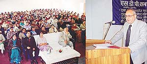 Brig N.K. Verma, resource person, addresses the staff of the SDP College for Women during an orientation programme for teachers held on Friday.