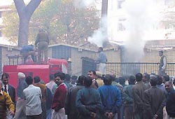 Firemen dousing a blaze at Shram Shakti Bhawan in the Capital.