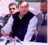 Union Law and Company Affairs Minister Arun Jaitley addresses a press conference at the BJP office in Jalandhar 