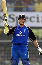 England�s Marcus Trescothick acknowledges his half century