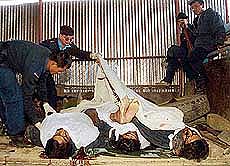 Nepalese policemen stand besides the bodies of slain police personnel 