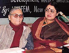 Dr Poornima Advani, (Right) Chairperson, National Commission for Women, with Ms Pam Rajput, president, Mahila Dakshata Samiti, Chandigarh, at the regional meet of women sarpanches organised by the Centre for Women Studies, PU, on Wednesday.