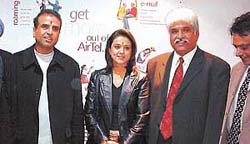 Mr Sunil Mittal, Preity Zinta and Mr Rakesh Mittal at the AirTel launching ceremony in Ludhiana on Friday. 