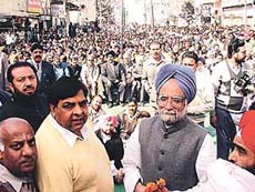 Dr Manmohan Singh, a former Finance Minister, along with Mr Surinder Dabar, Congress candidate form Ludhiana East, at a rally in Ludhiana on Saturday.