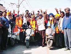 Mr Satpal Gosain from Ludhiana East, Mr Avtar Singh Makkar from Ludhiana West and Mr Pran Nath Bhatia from Ludhiana North Assembly constituencies at a rally along with their supporters in Ludhiana on Sunday.