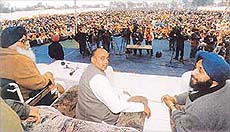 Chief Minister Parkash Singh Badal, Mr Vijay Goyal, Union Minister, and Mr Sukhbir Badal at a rally in Lambi