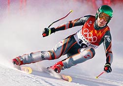 Fritz Strobl of Austria skis his way to a gold medal win in the men's downhill race at the Salt Lake 2002 Winter Olympic Games in Snowbasin on Sunday.