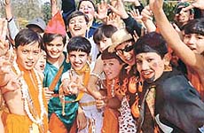 Children of St John�s High School, Sector 26, participate in a cultural programme on the school premises in Chandigarh on Tuesday.