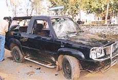 The vehicle of Mr Kuljit Singh Randhawa, election agent of the Congress candidate in Banur, that was allegedly damaged by the SAD workers in Kanaur village on Wednesday.