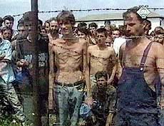 Emaciated prisoners at Trnopolje camp in north-west Serb-held Bosnia