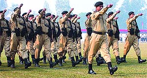 Delhi Police commandos at the Raising Day parade in the Capital on Saturday.