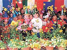 Children of Lovely Lotus Nursery School, BRS Nagar, Ludhiana, celebrate Basant on Monday.