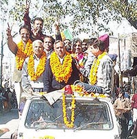 Winner from Hoshiarpur Tikshan Sood (Akali-BJP) in a victory parade on Sunday.