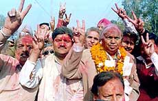 Congress candidate Surinder Singla with his supporters after defeating sitting MLA and Punjab Law Minister C. L. Garg in the Bathinda assembly constituency on Sunday.
