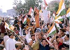 Congress supporters celebrating their party victory after the results of the Punjab assembly poll, in Jalandhar on Sunday.