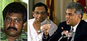 Velupillai Prabhakaran, leader of the LTTE; Sri Lankan Prime Minister Ranil Wickremesinghe