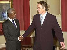British Prime Minister Tony Blair, right, shakes hands with UN Secretary-General Kofi 