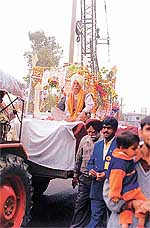 A view of the shobha yatra taken out in Ludhiana on Tuesday eveing in connection with Guru Ravidass jayanti.