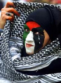 A protester, who painted a Palestinian flag on her face, adjusts her keffiyah during a demonstration in Brussels