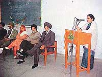 Dr Inderjeet Gill Vashisht, Principal, Government College for Women, addresses a seminar organised by the Punjabi Teachers� Association in Ludhiana on Friday.