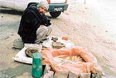 A fish-seller awaits customers near Jamalpur.