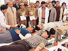 A blood donation camp at the Administrative Block of Panjab University, Chandigarh, on Wednesday.