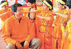 Actor Kanwaljeet is all smiles as he interacts with children of the Gurukul in Sector 20, Panchkula on Wednesday.