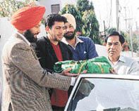 Gurdas Mann parts from his dafli in Chandigarh on Wednesday.