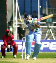 Indian captain Sourav Ganguly ducks from a bouncer during the first one dayer