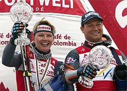 Hilde Gerg (L) of Germany and Stephan Eberharter of Austria