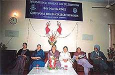 From left: Ms A.K. Bansal, Dr Sukhwant K. Mann, Ms Amarjit K. Bhullar, Ms Kuldip Kaur, Ms Inderjeet Kaur and Dr D.S. Gill at a seminar on Women's Day in the Guru Nanak Khalsa College for Women, Ludhiana, on Friday. 