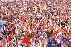 Women at a function on International Women�s Day, organised by the Delhi Commission for Women at Talkatora Garden in the Captial on Friday. 