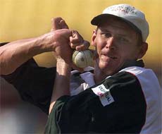 Zimbabwe's Douglas Marillier bowls during a practise session