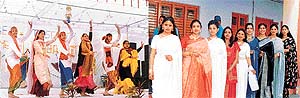 second year students of the SDP College for Women present a group dance during the farewell function held at Ludhiana on Wednesday; and (right) final year students from the college queue up to participate in fashion show.