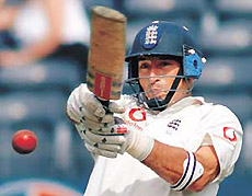 England cricket captain Nasser Hussain pulls the ball to the boundary for four
