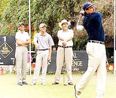 Former Indian cricket all-rounder Kapil Dev teeing-off at the Royal Challenge Indian Open Pro-Am Tournament 