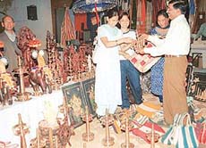 Artifacts on display at an exhibition of Kerala handicrafts and handlooms in Lajpat Rai Bhavan, Chandigarh, on Thursday.