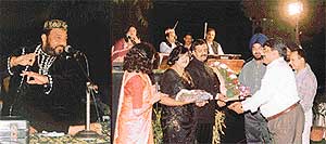 Famous qawwali singer Assan Bharti Ghungroowale performs at the Sutlej Club in Ludhiana on Thursday; and (right) members of the club welcome Mr Anurag Aggarwal, Deputy Commissioner.